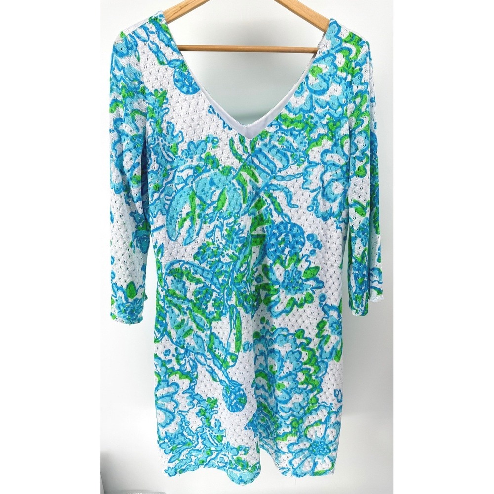 Lilly Pulitzer Alden Crochet Shift Dress L White Northeast Hahbah Floral V Neck